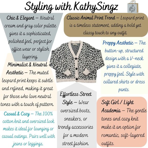 Loft Leopard Print Cardigan Sweater Size Large Gray Cream Cotton Chic Neutral - Picture 2 of 7